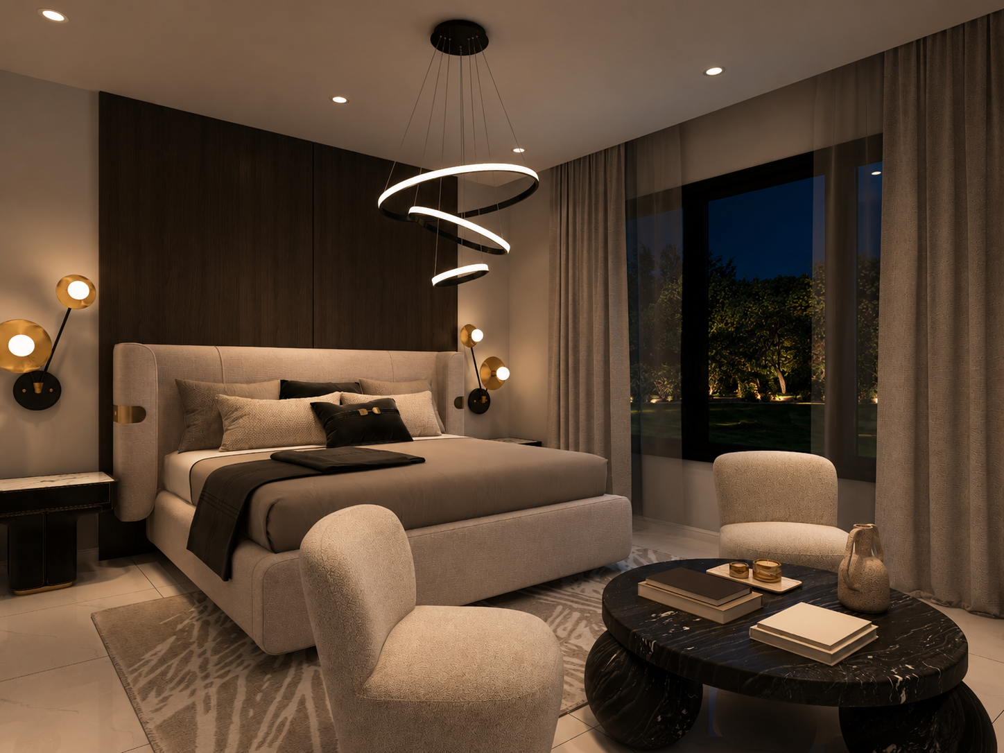 The Meridian condo master bedroom, night